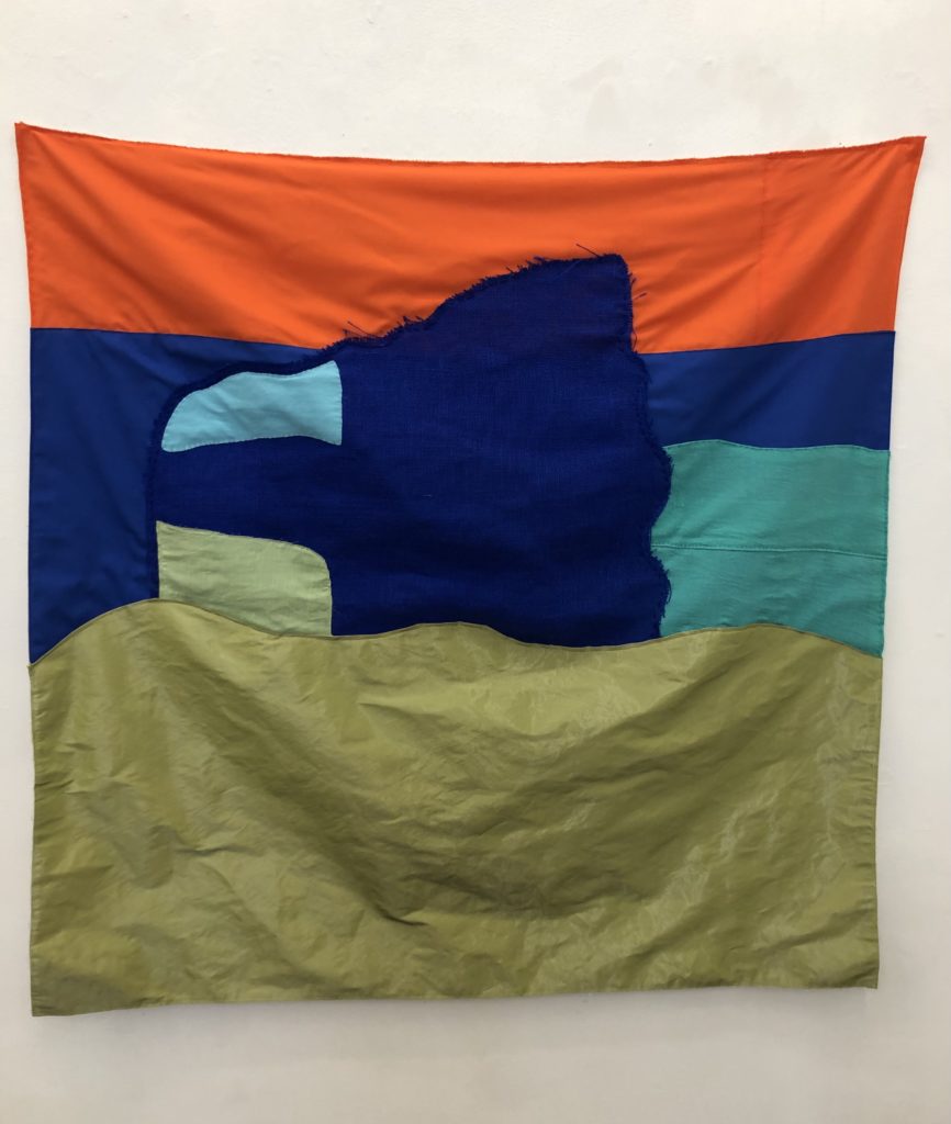 Water & Dreams. (appliqué) cotton canvas, polyester thread, wool yarn, burlap, gauze, flannel, acetate, broadcloth, voile, & crepe de chine, 50” x 50”, 2023